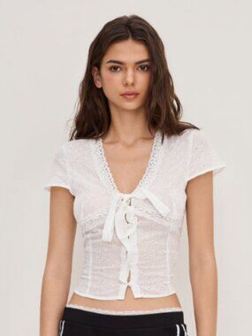 V-neck English Embroidery Bowknot Blouse - White
